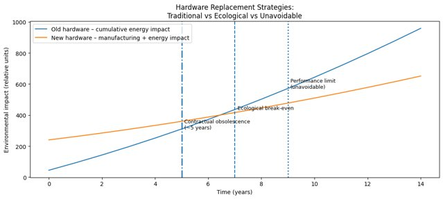 Line chart: contractual obsolescence ~5y, ecological break-even ~7y, performance limit ~9y